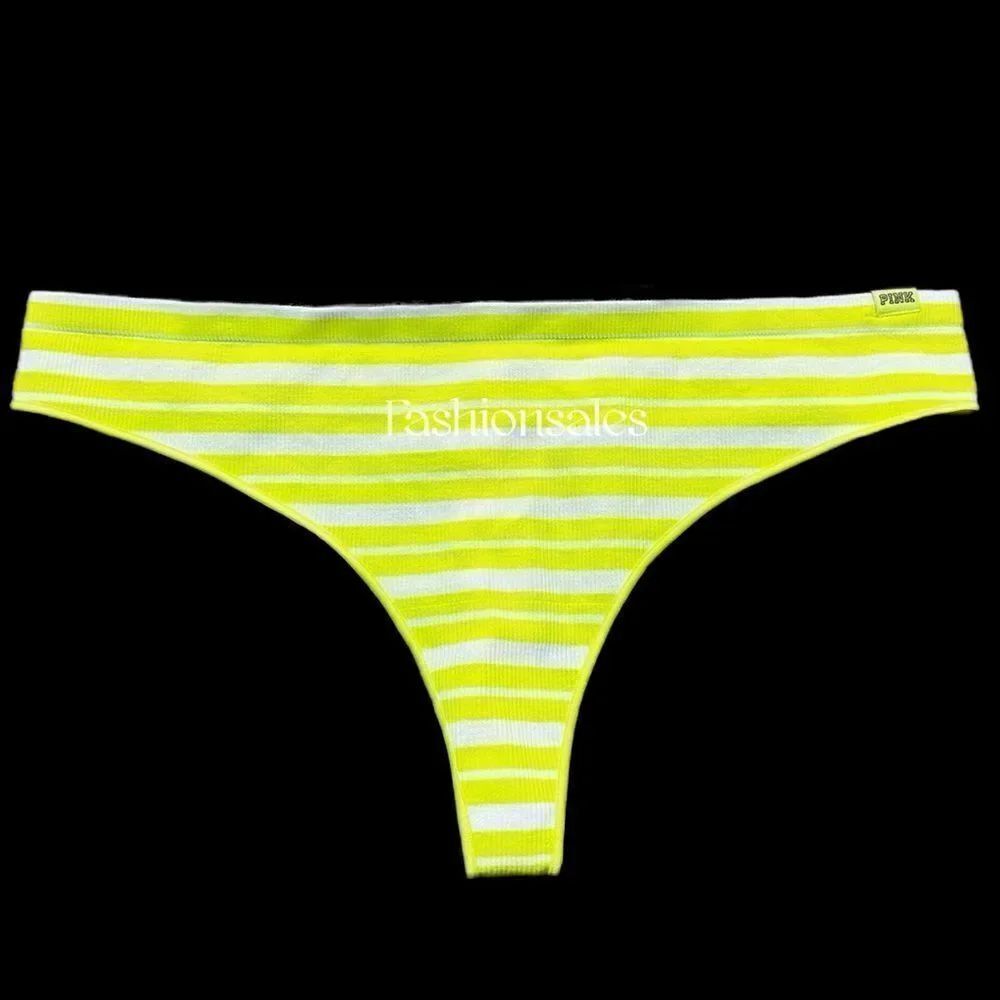 VIctoria’s Secret Pink Ribbed High Waist Thong Panty Neon Yellow / white Striped